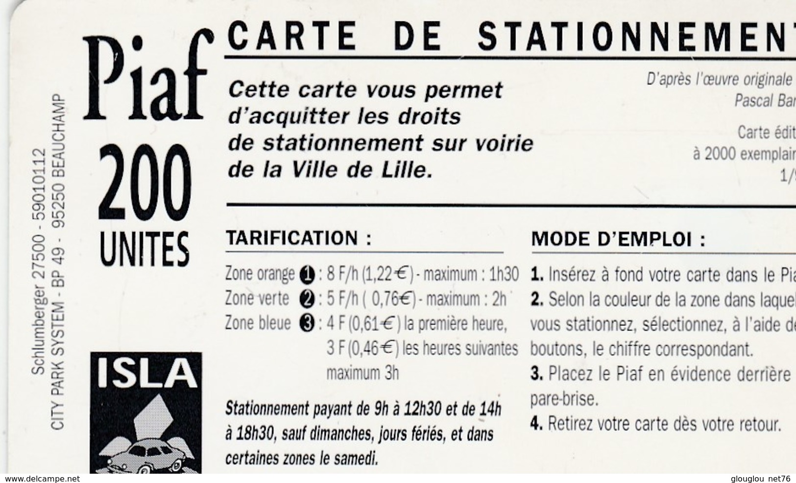 CARTE DE STATIONNEMENT PIAF.  200 UNITES   ISLA - Cartes De Stationnement, PIAF