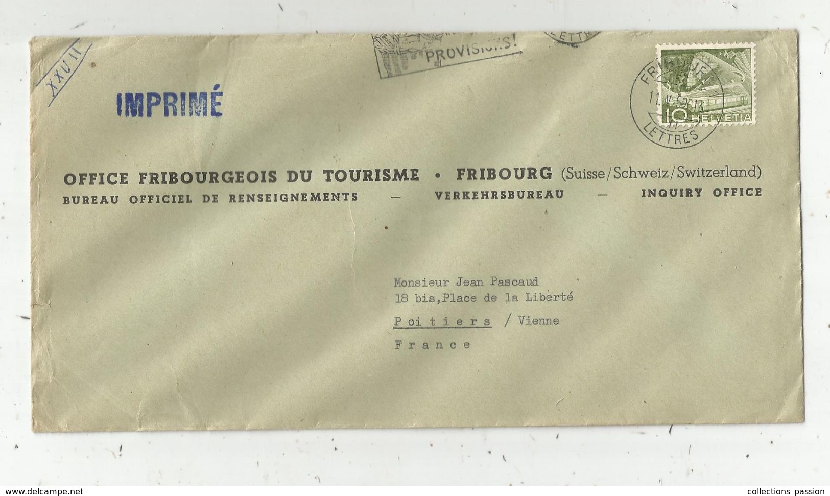 Imprimé, Suisse ,FRIBOURG 1 , LETTRES , 1959 , Office Fribourgeoise Du Tourisme , Verkehrsbureau , Inquiry Office - Marcophilie