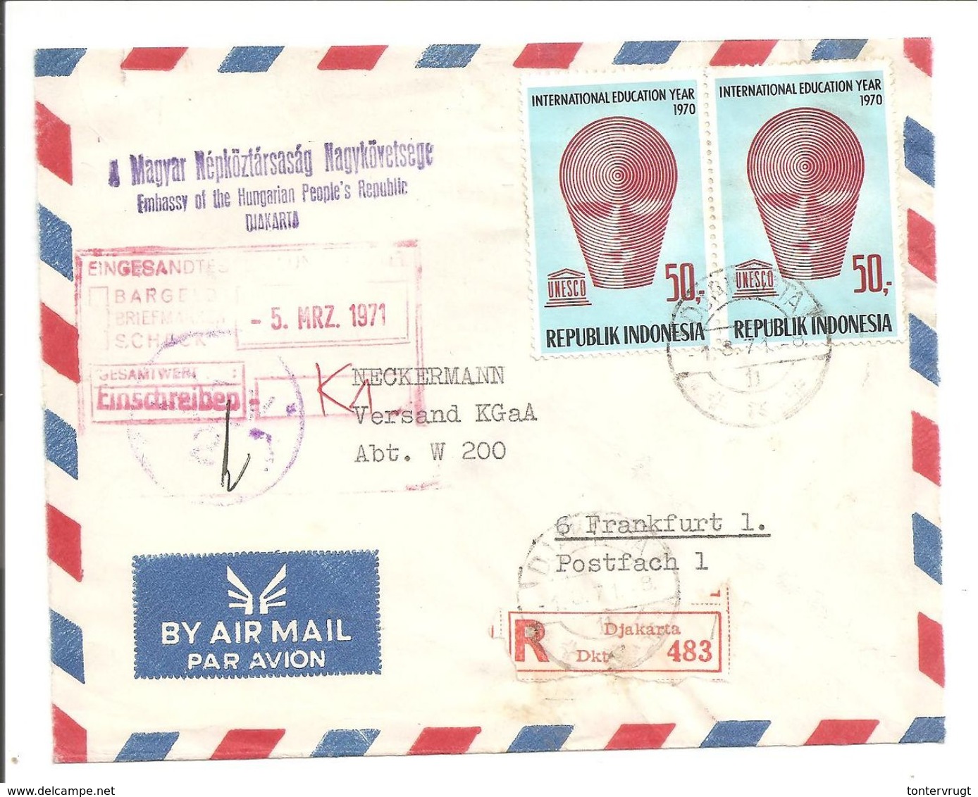 UNESCO 1970 2x50Rp No.677 Registered Djakarta>Frankfurt.Hungarian Embassy - Indonesië