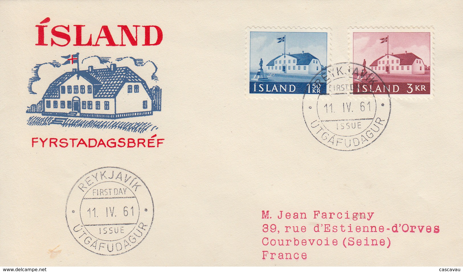 Enveloppe   FDC  1er  Jour     ISLANDE    Ancien  Siége  Du  Gouvernement   1961 - FDC