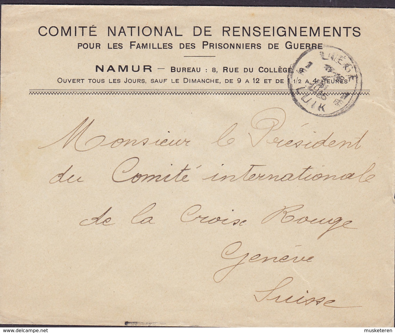 Belgium COMITÉ NATIONAL DE RENSEINGNEMENTS Prisonnier De Guerre Namur LIEGE Luik 1915 Lettre Croix Rouge GENEVE Suisse - Kriegsgefangenschaft