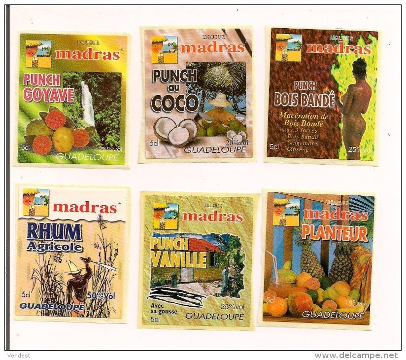 Etiquettes Mignonnettes MADRAS:punch  Bois Bandé,coco, Goyave, Planteur,vanille Et Rhum Agricole - GUADELOUPE - - Rhum