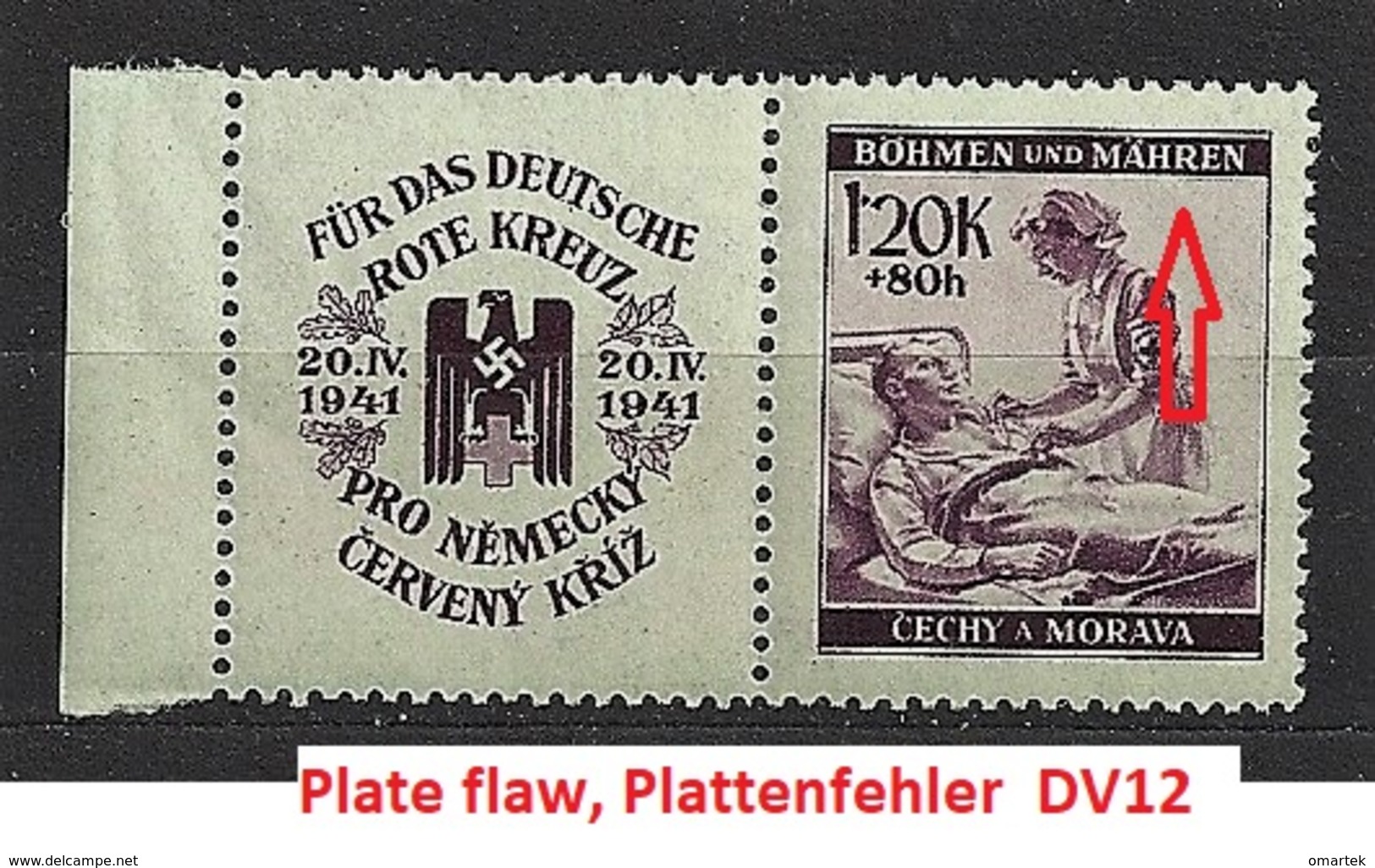 Bohemia & Moravia Böhmen Und Mähren 1941 MNH ** Mi 63 Zf Sc B4 Red Cross II. Rote Kreuz II. Plate Flaw, Plattenfehler - Ungebraucht