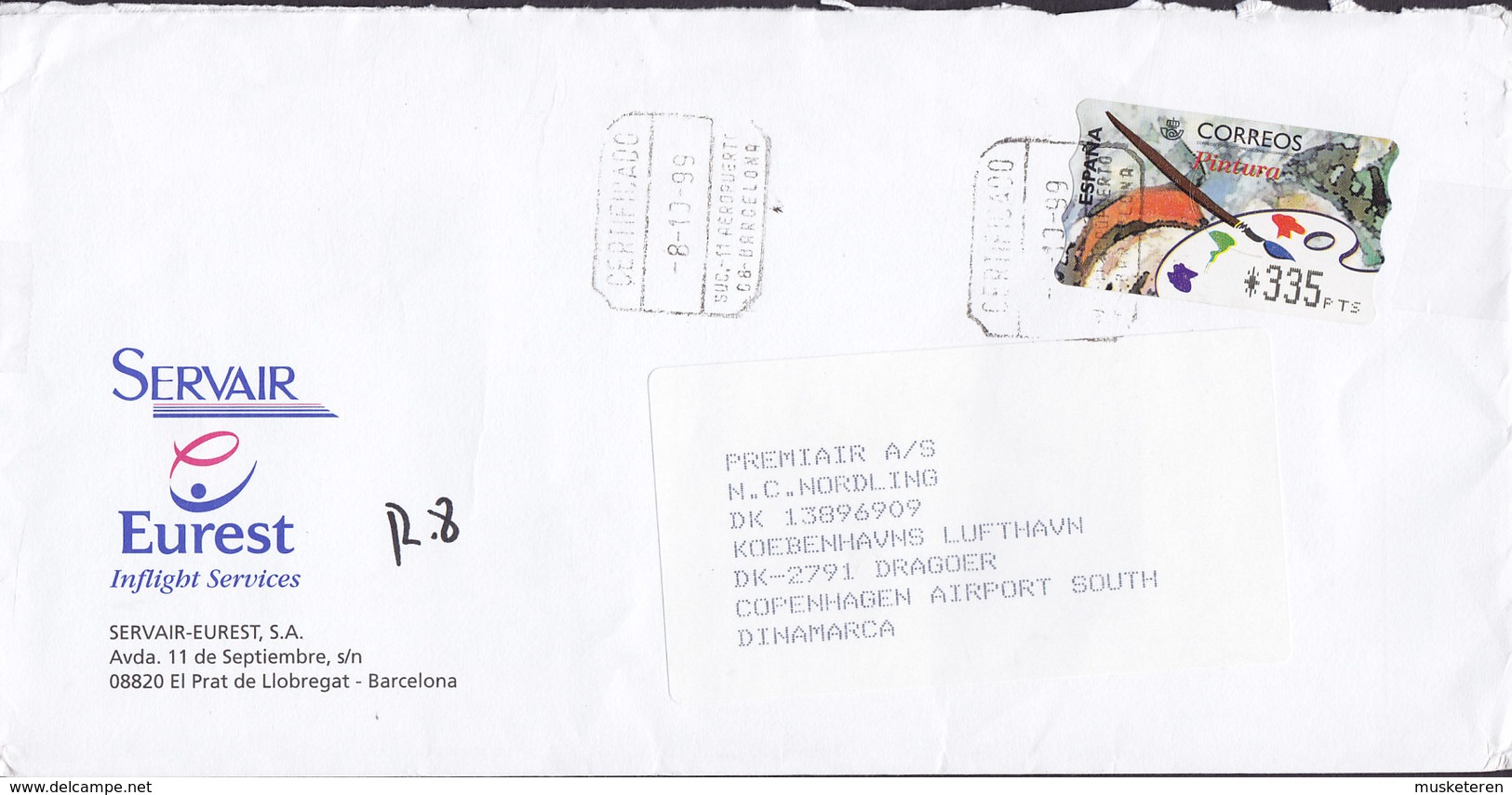 Spain SERVAIR Eurest Inflight Services Registered Certificado Label AEROPUERTO BARCELONA 1999 Cover Letra ATM / Frama - Maschinenstempel (EMA)