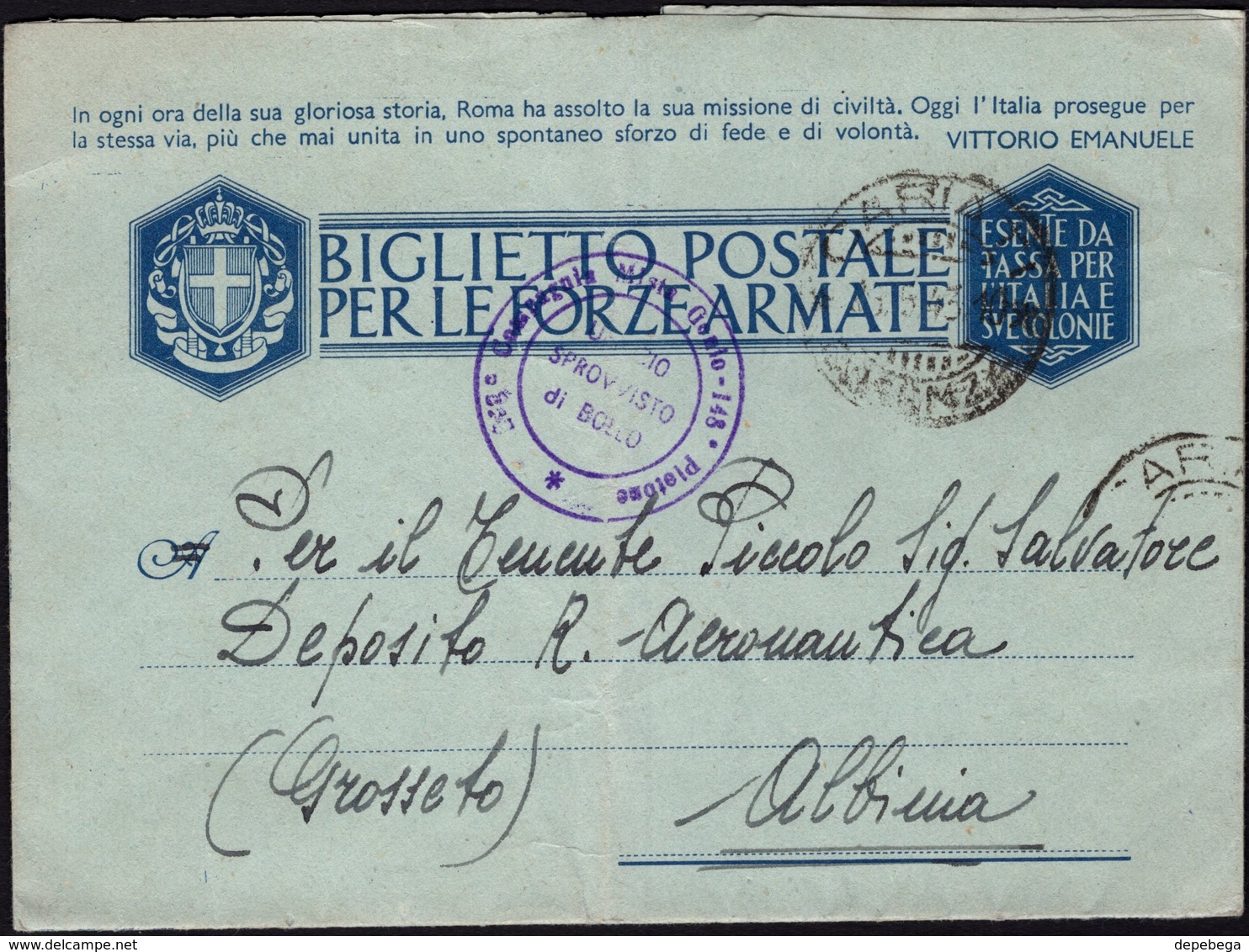 Italy - Biglietto Postale Per Le Forze Armate. Campagnia Misto Genio, 148 Plotone, CARIATI 26.6.1943 - Albinia. - Franchise