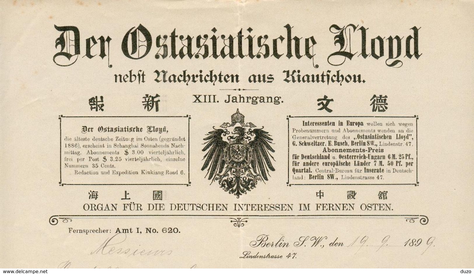 Allemagne - Berlin - Entête Du 19 Septembre 1899 - Der Ostasiatische Lloyd - Nebft Nachrichten Aus Kiautfchou. - 1800 – 1899
