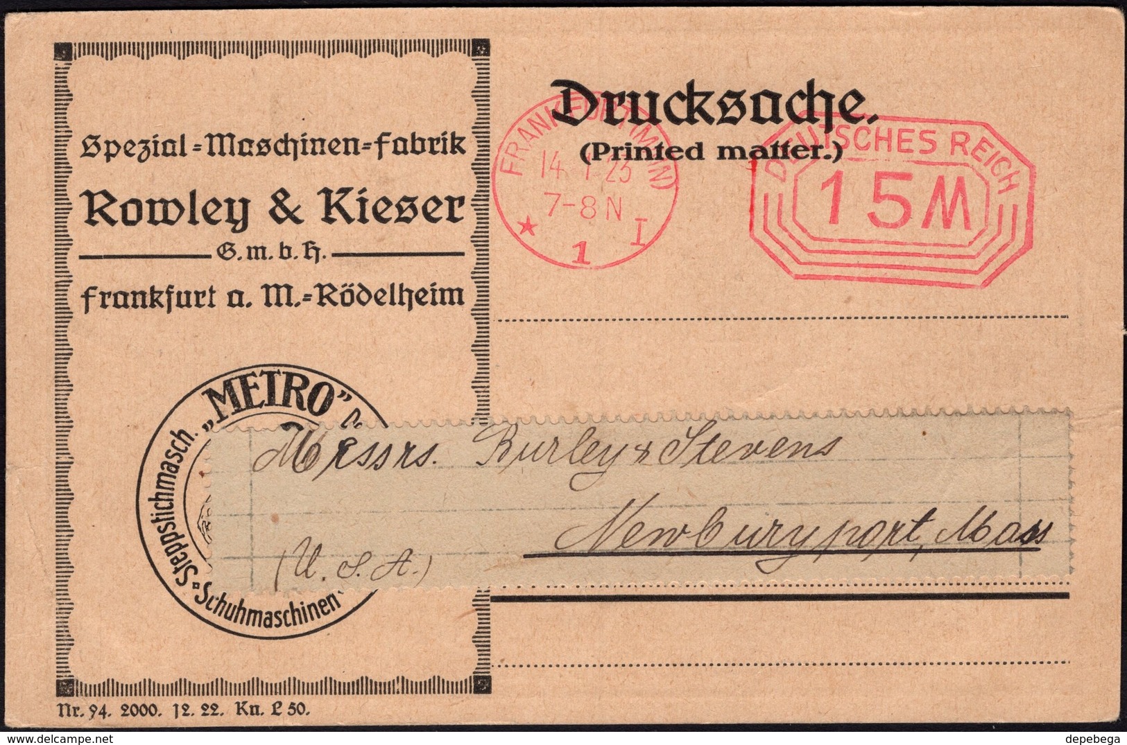 Germany, Infla. Meter Cancellation, METRO Perforating Machine (System Stanbon III) Rowley & Kieser, Frankfurt 14.1.1923. - Cartas & Documentos