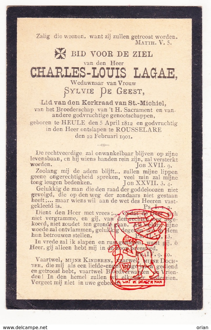 DP Charles Louis Lagae ° Heule Kortrijk 1812 † Roeselare 1901 X Sylvie De Geest / Laga - Devotion Images