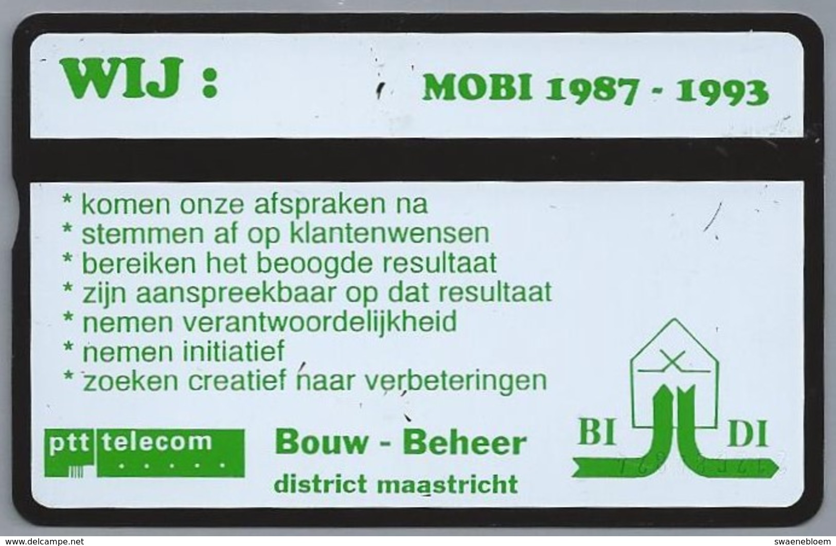 NL.- Telefoonkaart. PTT Telecom. 4 Eenheden. WIJ: MOBI 1987 - 1993. Bouw - Beheer. District Maastricht. BI - DI. - 212C - Telecom