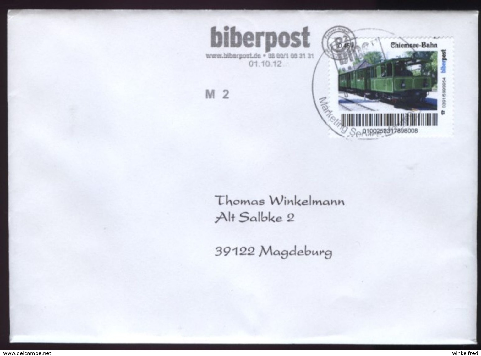 Biber Post, Gelaufener FDC 0,45 € Chiemsee - Bahn V. 01.11.2012 #1218 - Privatpost