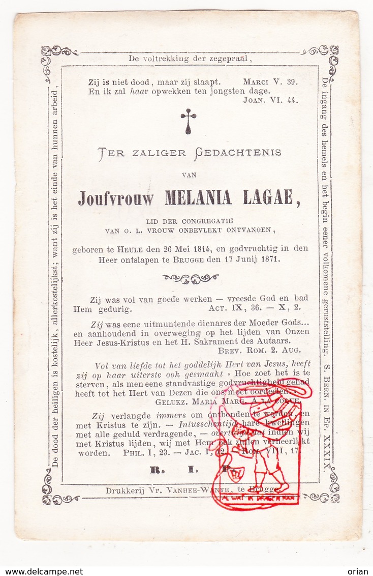 DP Melania Lagae ° Heule Kortrijk 1814 † Brugge 1871 / Laga - Devotion Images