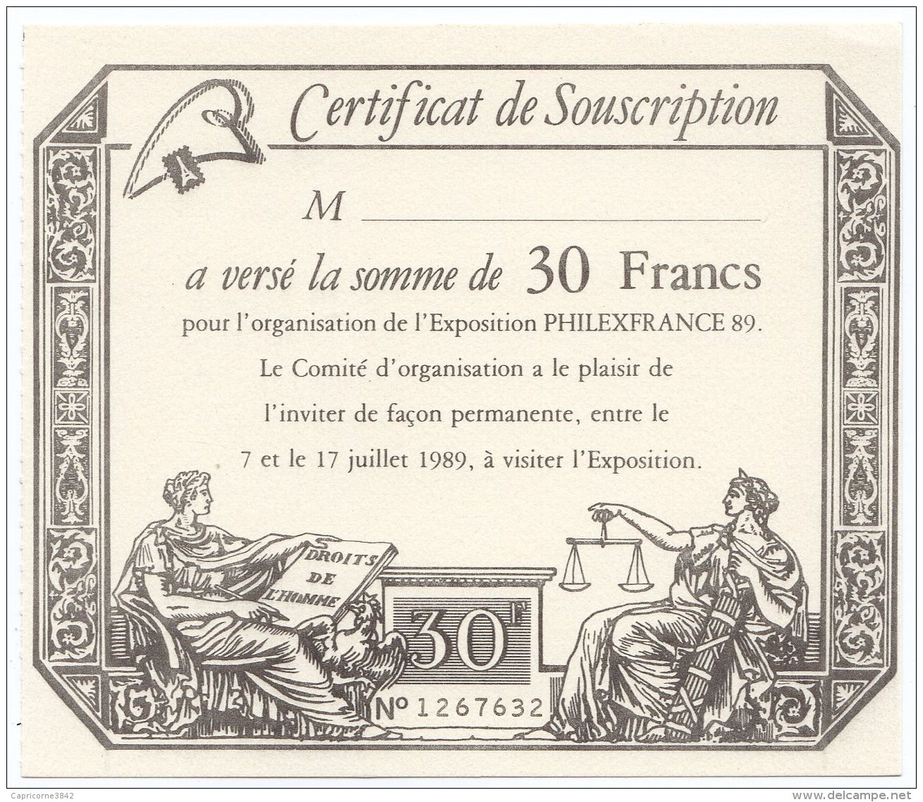 1989 - Certificat De Souscription Pour L'organisation De L'exposition PHILEXFRANCE 89 Paris - Esposizioni Filateliche