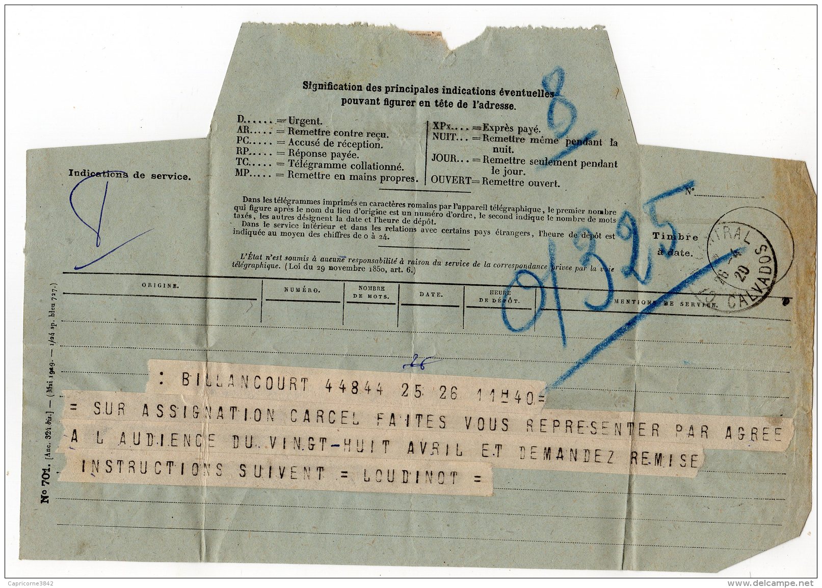 1920 - Télégramme De Billancourt Pour Caen - Obl "CAEN CENTRAL" Du 26 Avril 1920 - Telegraaf-en Telefoonzegels