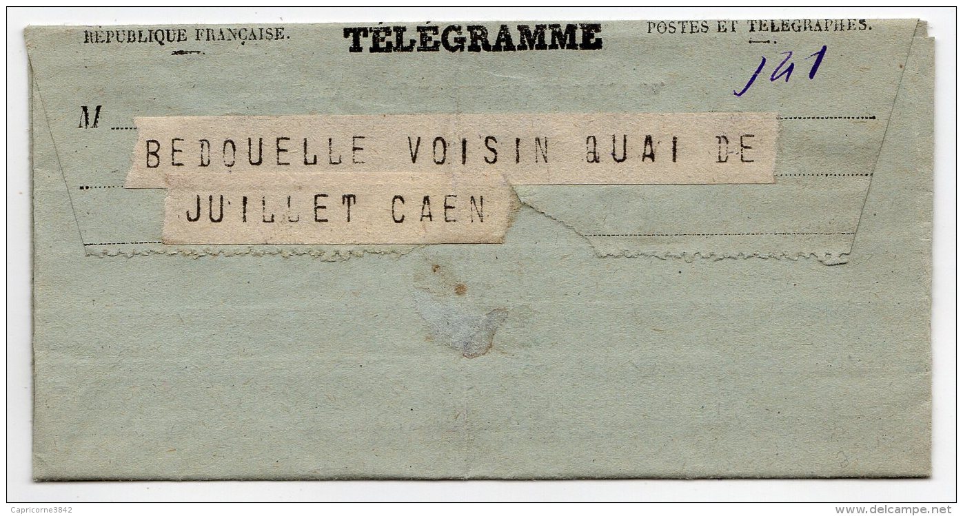 1920 - Télégramme De Billancourt Pour Caen - Obl "CAEN CENTRAL" Du 26 Avril 1920 - Telegrafi E Telefoni