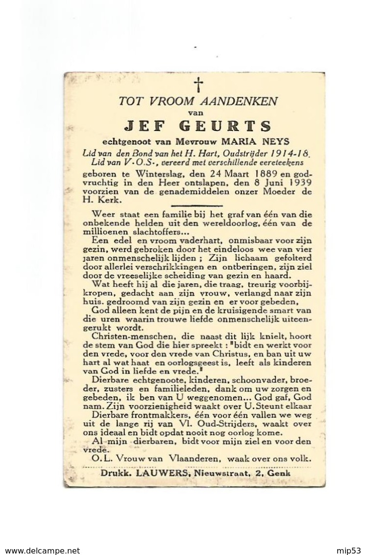 934. JEF GEURTS - Lis Bond H.Hart / Oudstrijder 14-18 //Lid V.O.S. -°WINTERSLAG 1889 /+ 1939 - Images Religieuses