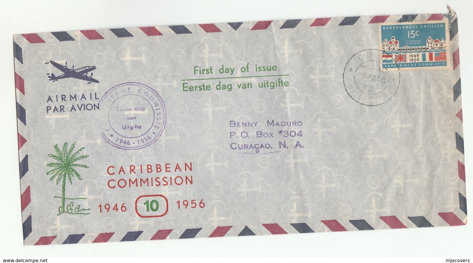 195 Air Mail  NETHERLANDS ANTILLES FDC  Stamps CARIBBEAN COMMISSION FLAGS Cover Flag - Curacao, Netherlands Antilles, Aruba