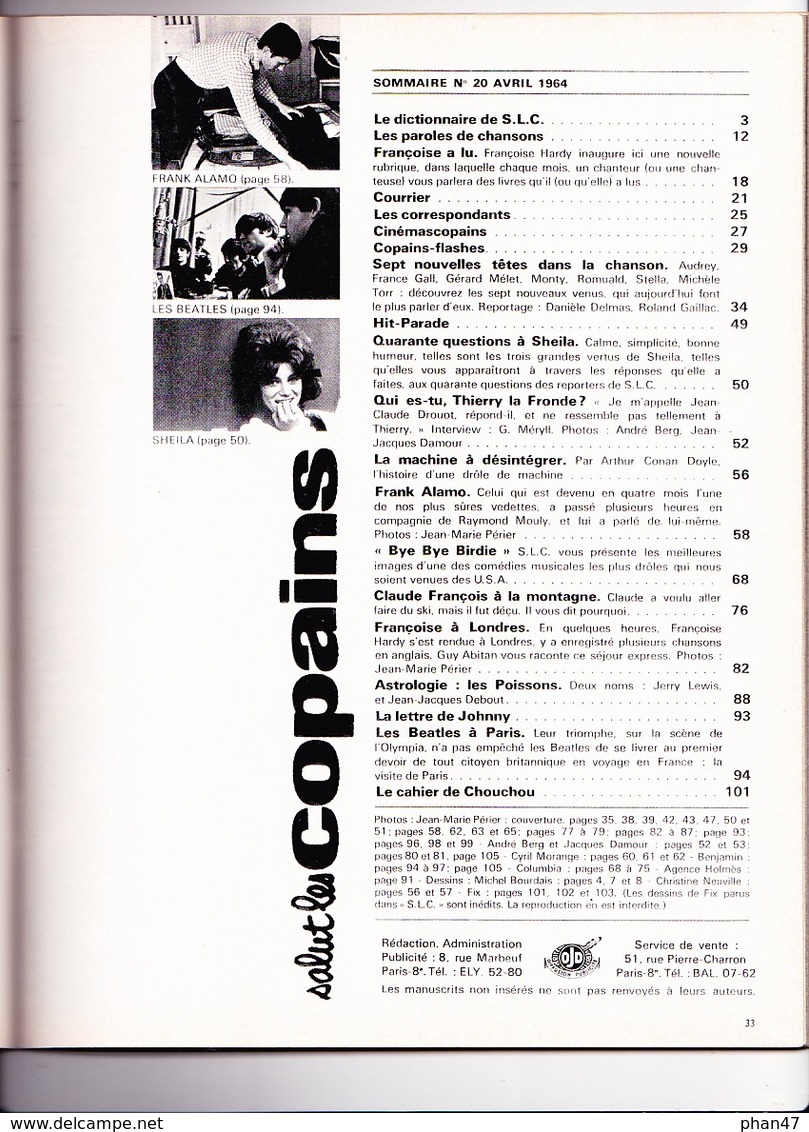 S.L.C. SALUT LES COPAINS N°20/ Avril1964 Frank Alamo (poster), France Gall, Sheila, Claude François, Françoise Hardy - Musique