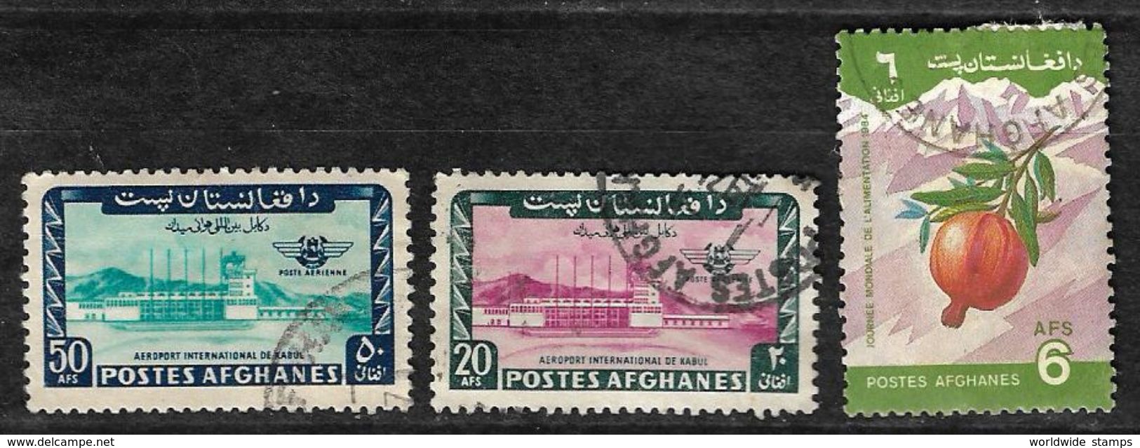 Afghanistan Stamp 1964 Kabul International Airport 50AF, 20AF, 1984 Pomegranate (Punica Granatum) 6AF World Food Day - Afghanistan