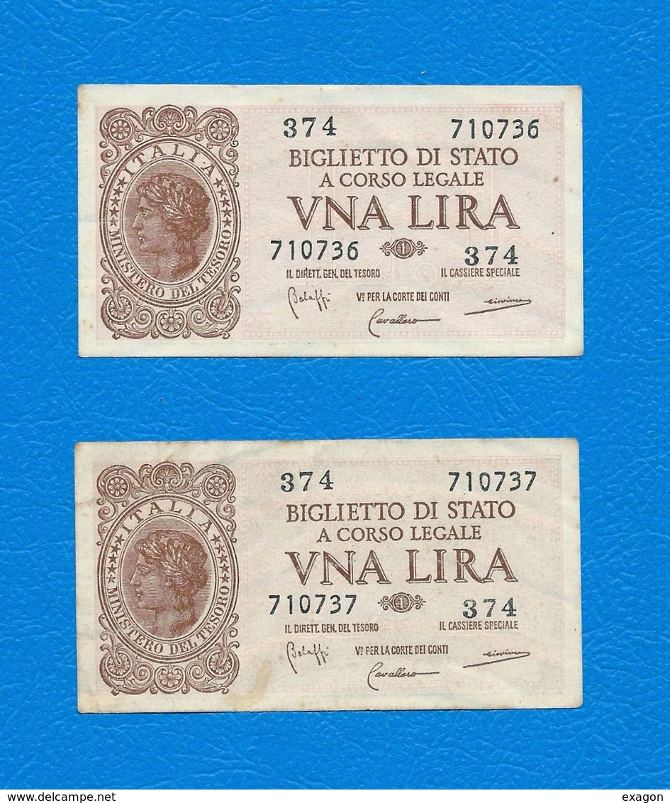 Lotto Di N. 2 Biglietti Di Stato Da 1 Lira  Cad. -  ITALIA  LAUREATA -  D.M. 23.11.1944 -  Numero Di Serie Consecutiva. - Italia – 1 Lira