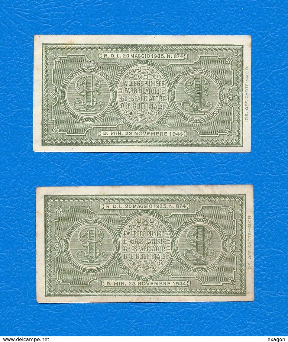 Lotto Di N. 2 Biglietti Di Stato Da 1 Lira  Cad. -  ITALIA  LAUREATA -  D.M. 23.11.1944 -  Numero Di Serie Consecutiva. - Italia – 1 Lira