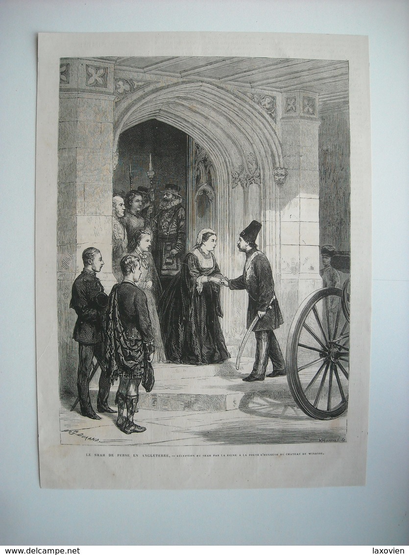 GRAVURE 1873. LE SHAH DE PERSE EN ANGLETERRE. RECEPTION DU SHAH PAR LA REINE A LA PORTE D’HONNEUR DU CHATEAU DE WINDSOR. - Estampes & Gravures