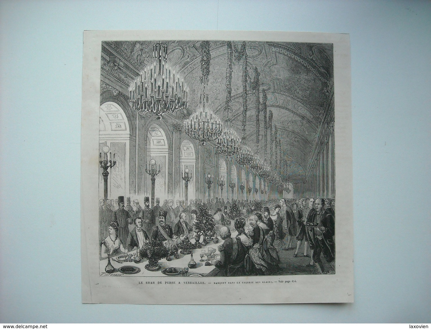 GRAVURE 1873. LE SHAH DE PERSE A VERSAILLES. BANQUET DANS LA GALERIE DES GLACES. - Estampes & Gravures