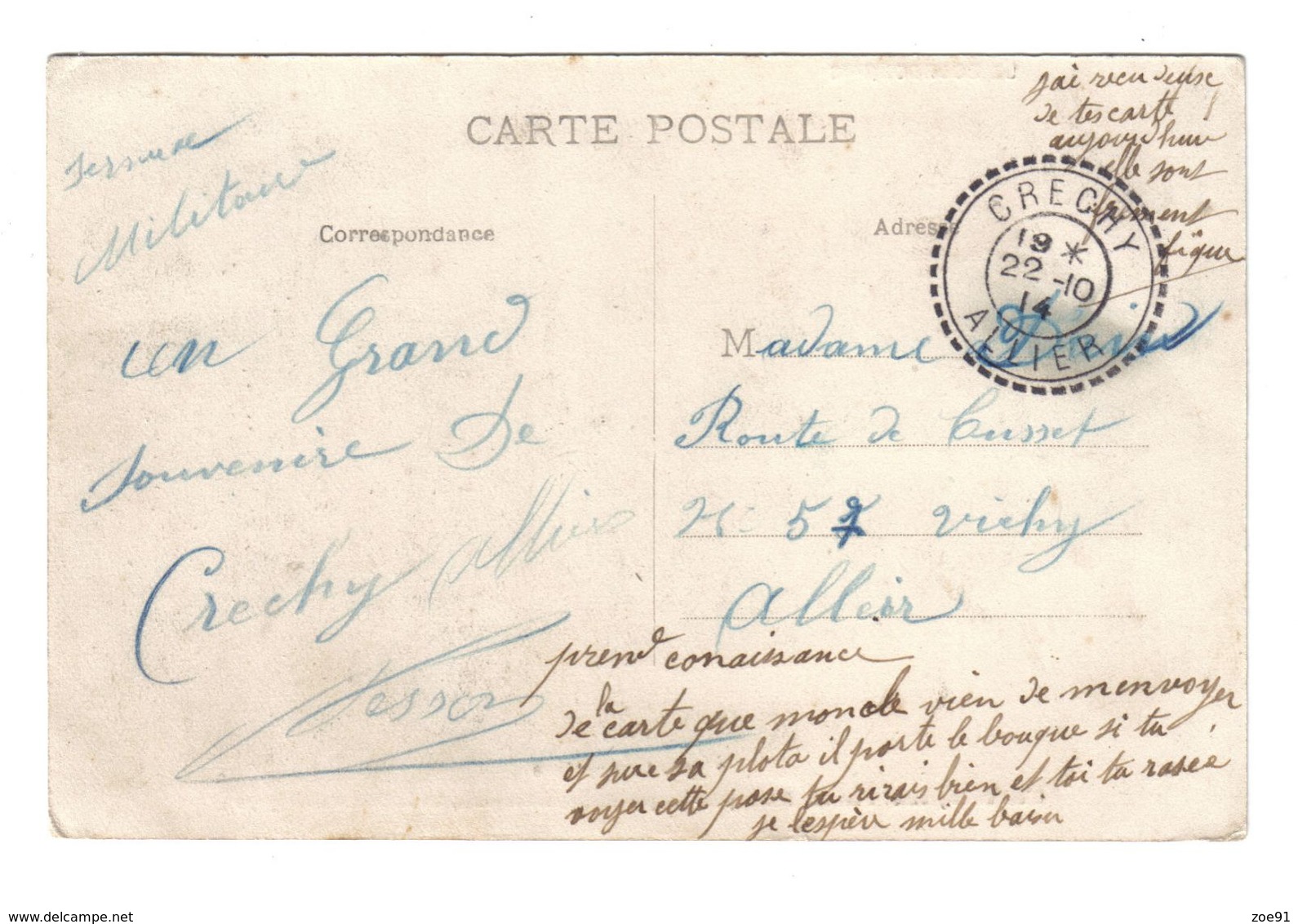 ALLIER CB3 CRECHY 22 10 1914  LETTRE AVEC TEXTE (CARTE POSTALE FRANCHISE MILITAIRE) - 1921-1960: Periodo Moderno