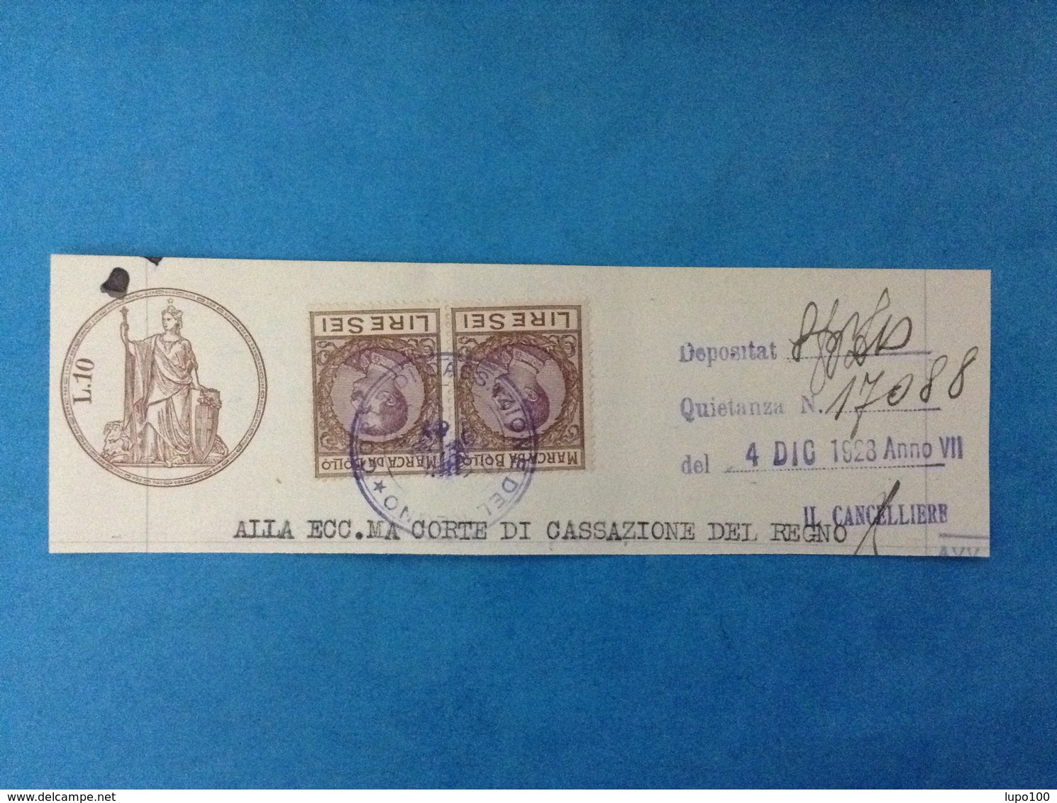 REGNO D'ITALIA MARCA DA BOLLO DA 6 LIRE IN COPPIA USATA SU FRAMMENTO - Revenue Stamps