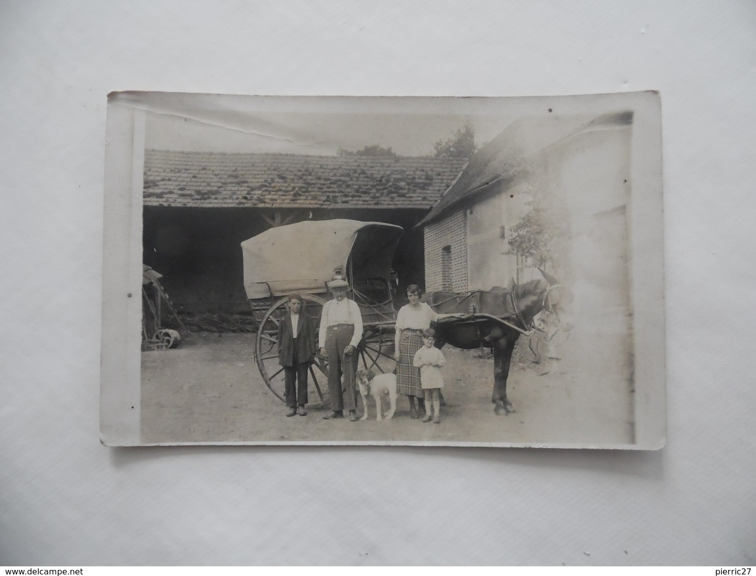 Cpa Photo "en Famille Dans La Cour De La Ferme" Bel Attelage  1908 - Equipos