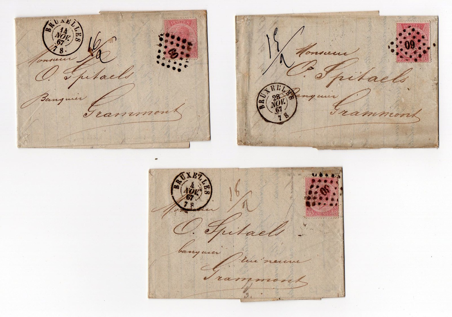 Nr 20 Sur Lettre/op Brief Bruxelles Grammont 1867 3 Stuks - 1865-1866 Profilo Sinistro