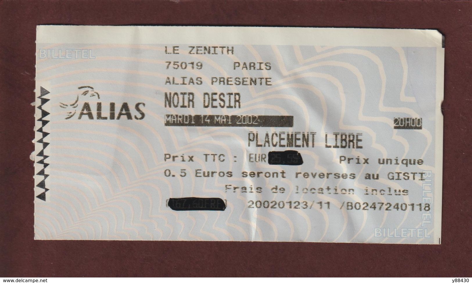 Ticket Original D'entrée Du Concert  NOIR DESIR  à PARIS BERCY Le 14 Mai 2002 - Face & Dos - Tickets D'entrée