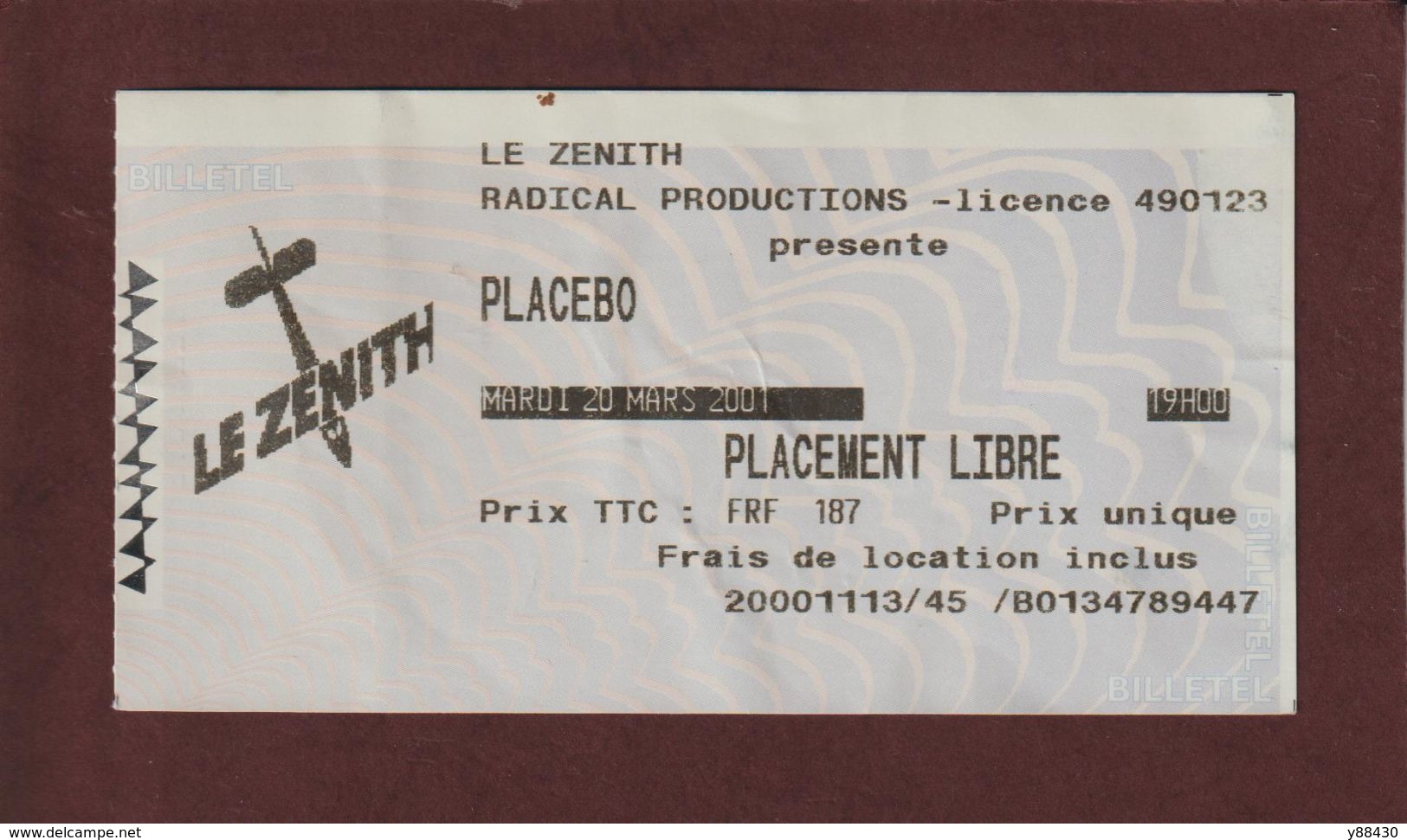 Ticket Original D'entrée Du Concert  PLACEBO  Au ZENITH - PARIS Le 20 Mars 2001 - Face & Dos - Biglietti D'ingresso