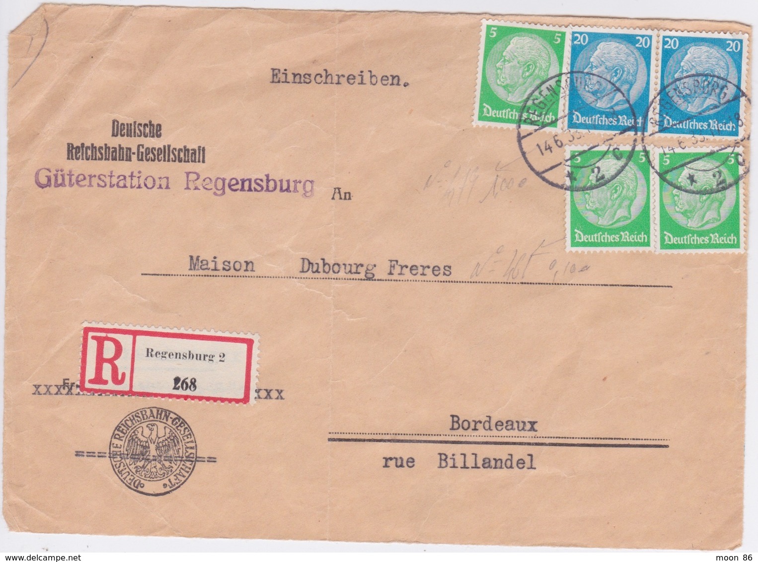 1933 ALLEMAGNE - DEUTSCHE REICH - 5 TIMBRES - AIGLE REISCHBAHN - RECOMMANDÉ EINSCHREIBEN - REGENSBURG  TO BORDEAUX - Covers & Documents