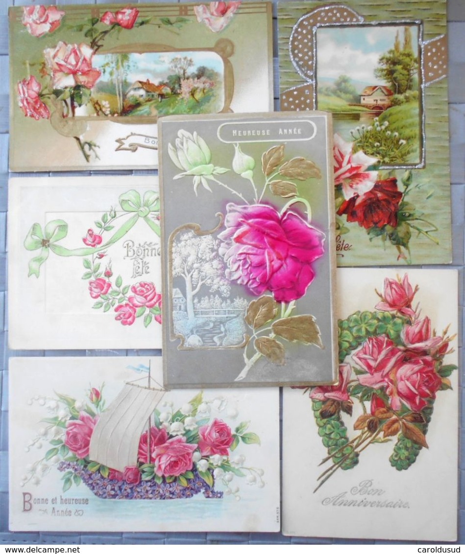 CPA Lot 6 X Litho RELIEF Illustrateur BRASCH  Klein KOPAL EAS KF VOEUX THEME FLEUR  ROSE FANTAISIE MEDAILLON - Collections & Lots