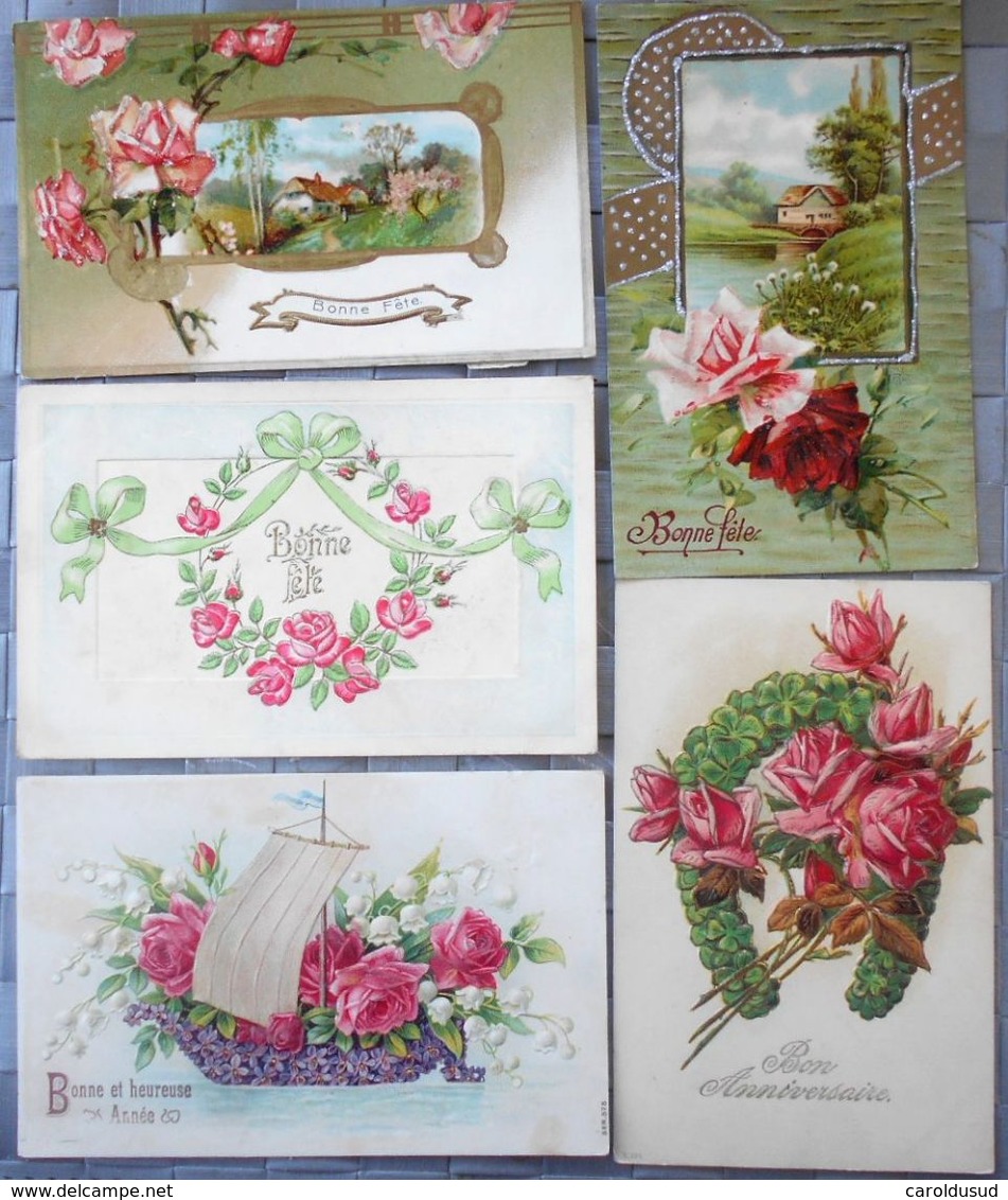 CPA Lot 6 X Litho RELIEF Illustrateur BRASCH  Klein KOPAL EAS KF VOEUX THEME FLEUR  ROSE FANTAISIE MEDAILLON - Verzamelingen & Kavels