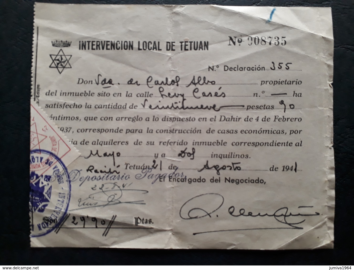 Maroc Espagnol - Marruecos - Tetuan 1941 - Recibo De Tasa De Propriedad N° 5 - Maroc Espagnol