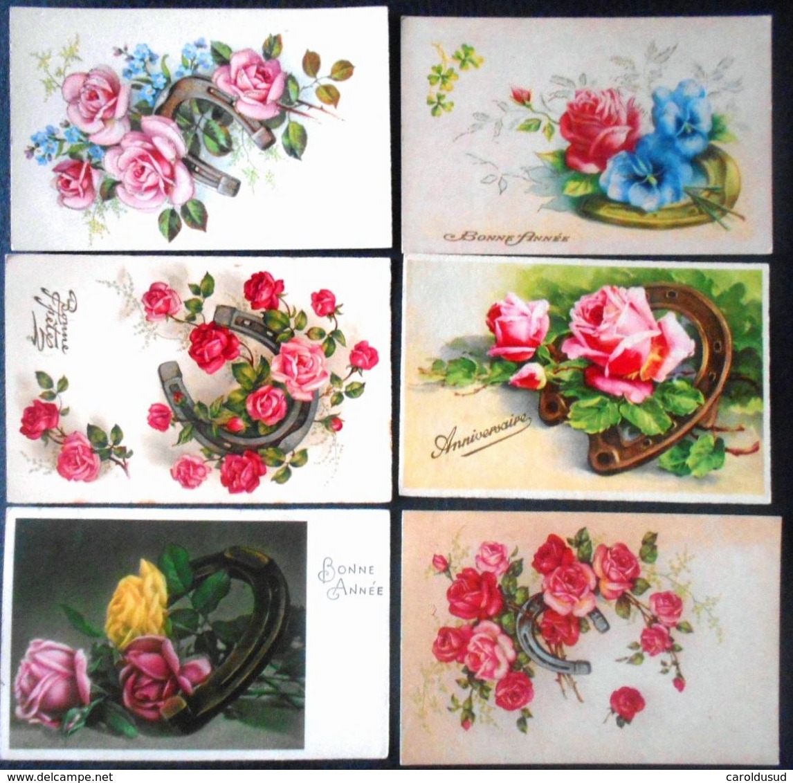 Cp Lot 6x Litho Illustrateur Bouquet Fleur Rose Roses Theme Porte Bonheur Dans Fer A Cheval - Collections & Lots