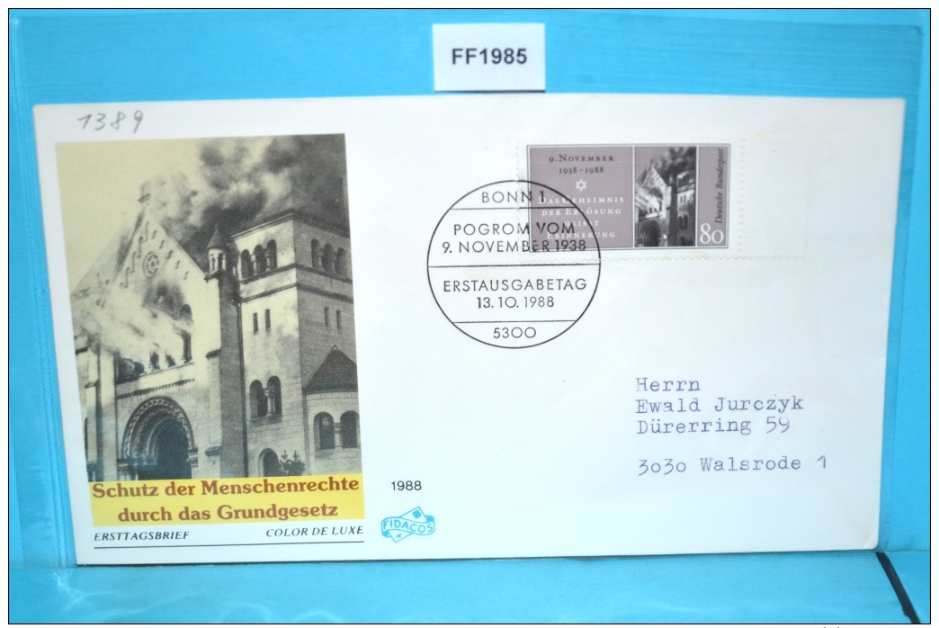 FF1985 FDC 50. Jahrestag Der Reichskristallnacht, Reichspogromnacht, DE 1988 - Sonstige & Ohne Zuordnung