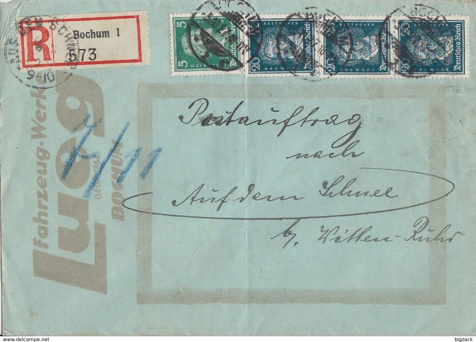 DR R-Postauftrag Mif Minr.387,3x 392 Bochum 5.10.27 Gel. Nach Auf Dem Schnee Bei Witten-Ruhr Seltener Stempel - Briefe U. Dokumente