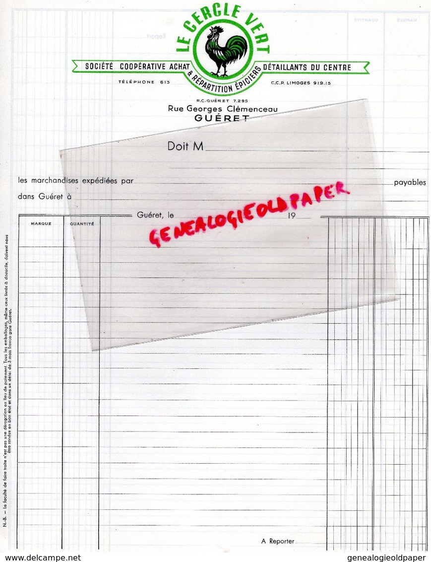 23- GUERET - FACTURE LE CERCLE VERT - STE COOPERATIVE REPARTITIONS EPICIERS -RUE GEORGES CLEMENCEAU- COQ - Landwirtschaft