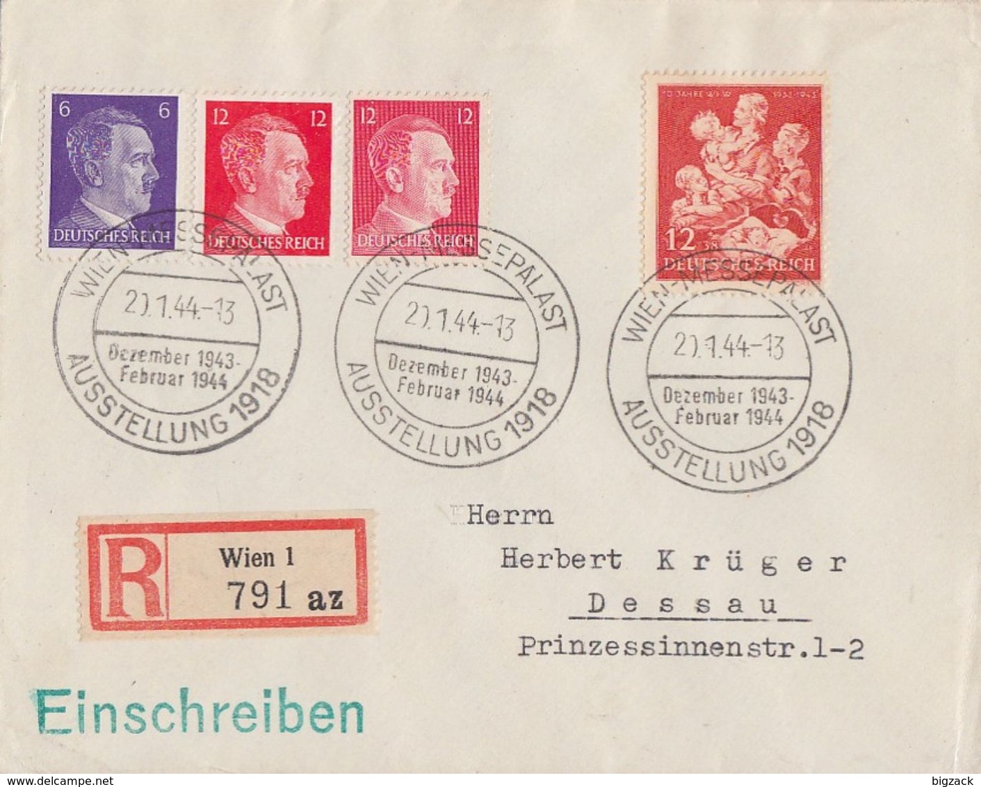 DR R-Brief Mif Minr.785,788,827,859 SST Wien-Messepalast 20.1.44 - Briefe U. Dokumente