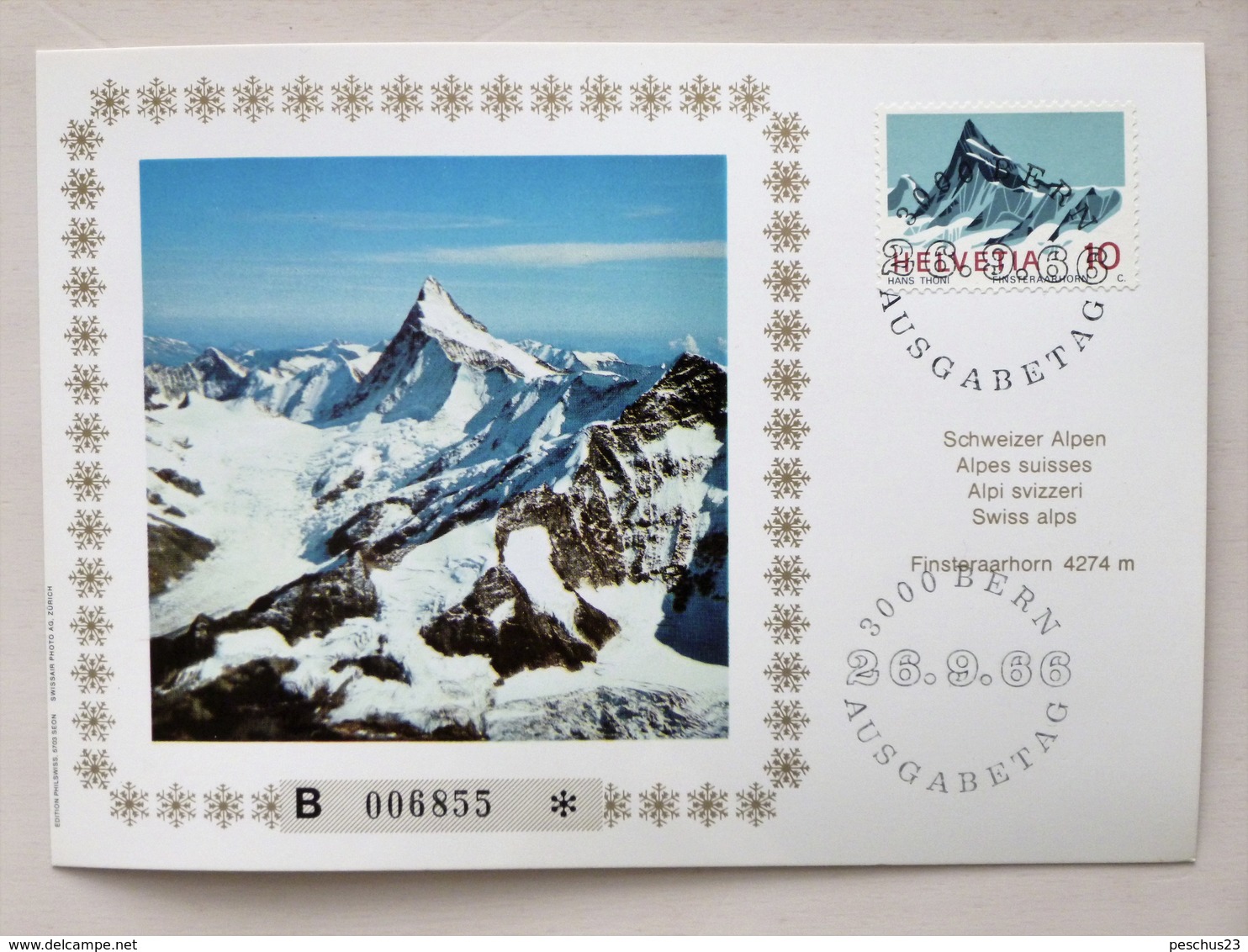 SUISSE / SCHWEIZ / SVIZZERA // 1966, MK Schweizer Alpen, FINSTERAARHORN 4274 M, Ersttagsstempel - Maximum Cards