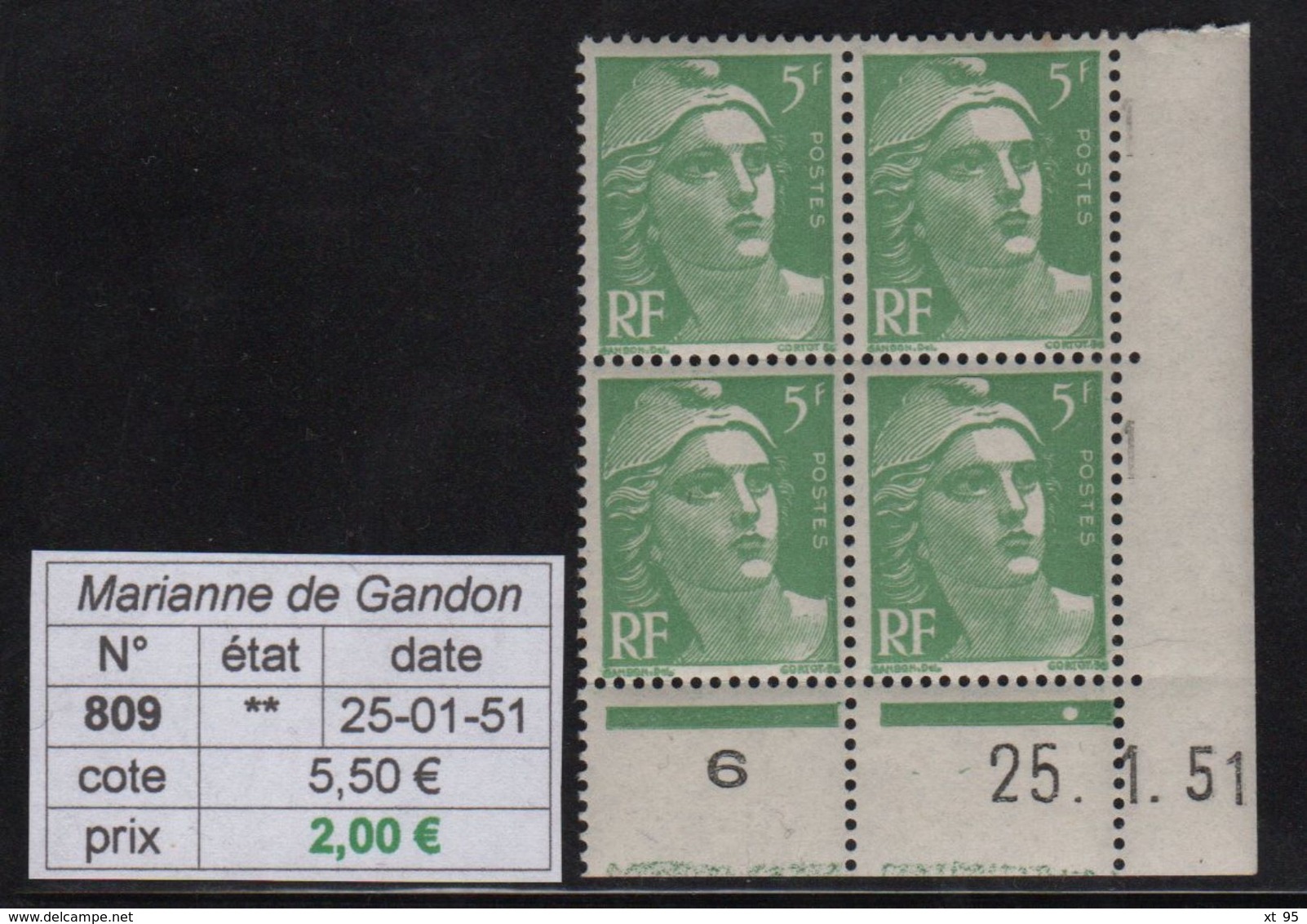 Marianne De Gandon - N°809 - Coin Daté - 25-1-51 - 1945-54 Marianne De Gandon