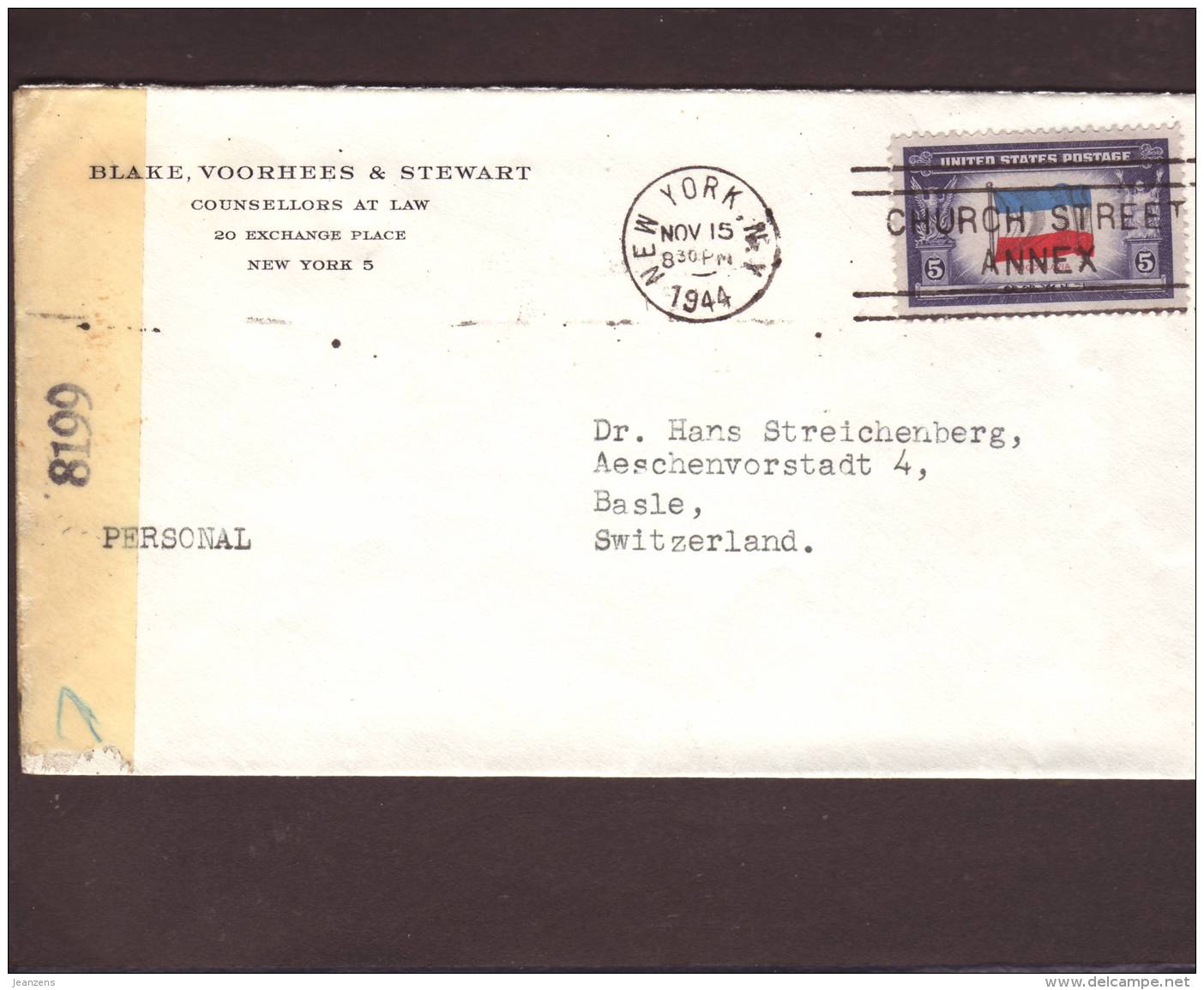 Lettre New York 15.11.1944 Affr Drapeau "Yugoslavia" -&gt; Bâle  - Censored/Zensur/Censure New York 8199 - Lettres & Documents