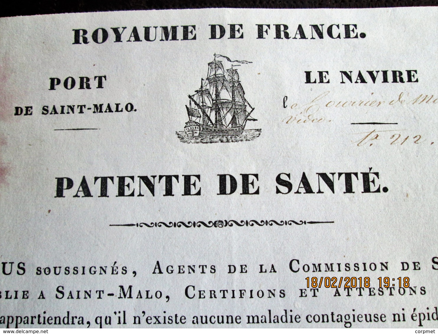 Royaume De FRANCE - 1838 PATENTE DE SANTE - Port De SAINT-MALO - Bateau Pour Aller à Montevideo -ville N'existe épidémie - Historical Documents