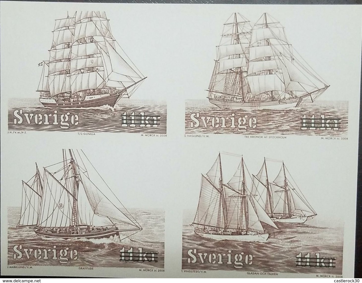 O) 2008 SWEDEN, PROOF-IMPERFORATE SAILING SHIPS, SCOTT A879-TRAINING SHIP GUNILLA-GRATITUDE-GLADAN AND FALKEN.XF - Probe- Und Nachdrucke