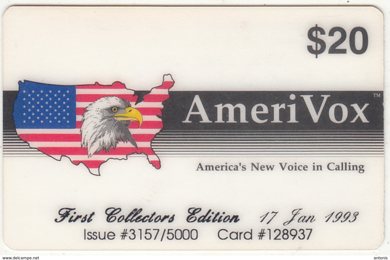 USA - First Collectors Edition, Amerivox Prepaid Card $20, Tirage 5000, 01/93, Used - Amerivox