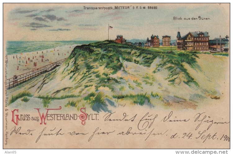 Gruss Aus Westerland-Sylt Hold-to-Light, Window Light Up, Sunset On Sand Highlights, C1890s/1900s Vintage Postcard - Hold To Light