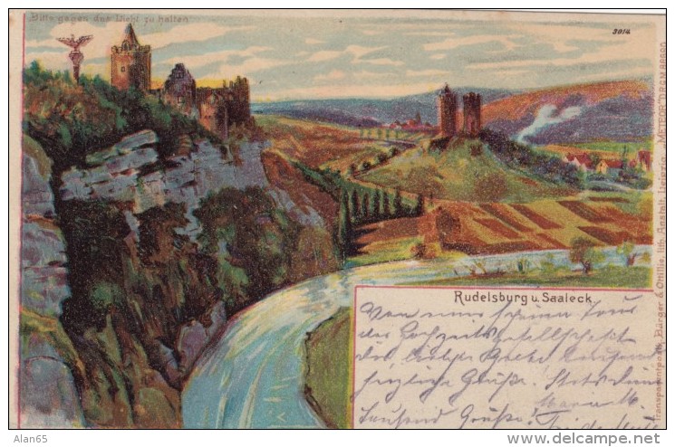 Rudelsburg Saaleck Germany Hold-to-Light, Sunshine Highlights On Horizon &amp; River, C1890s/1900s Vintage Postcard - Hold To Light