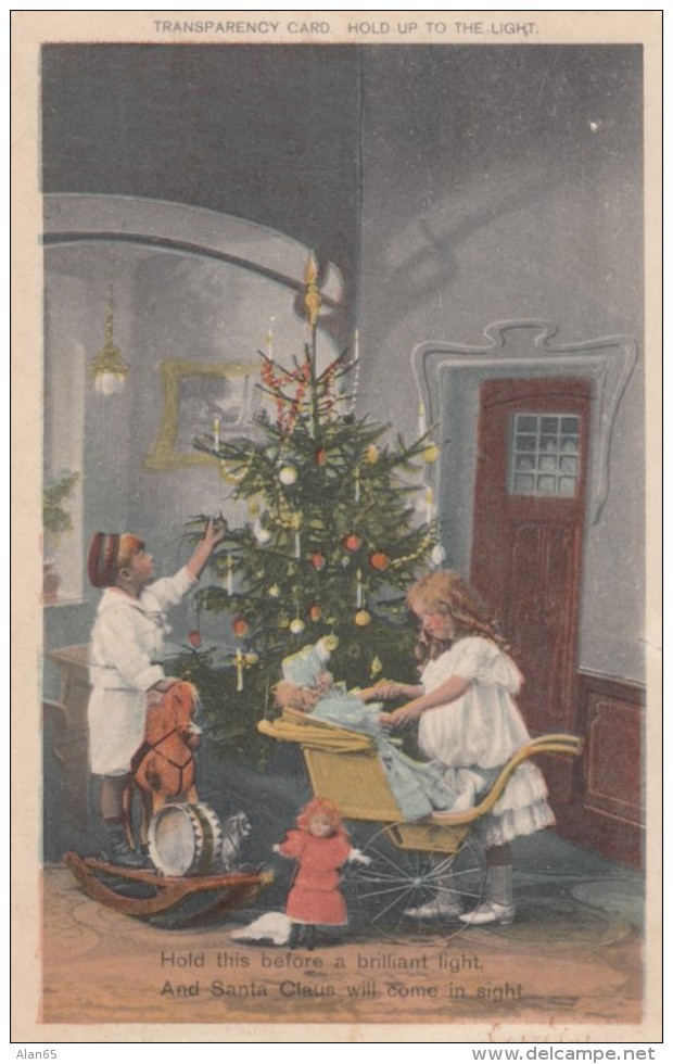 Christmas Greetings, Giant Santa Claus Appears To Right Of Tree, Children With Goys, C1900s Vintage Postcard - Hold To Light